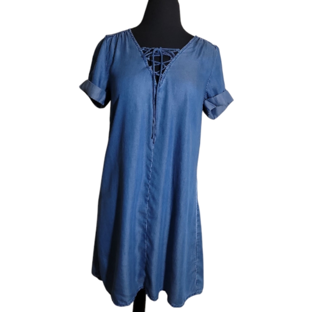 Lucky Brand women's chambray lace up v neck shift dress short sleeve blue XS